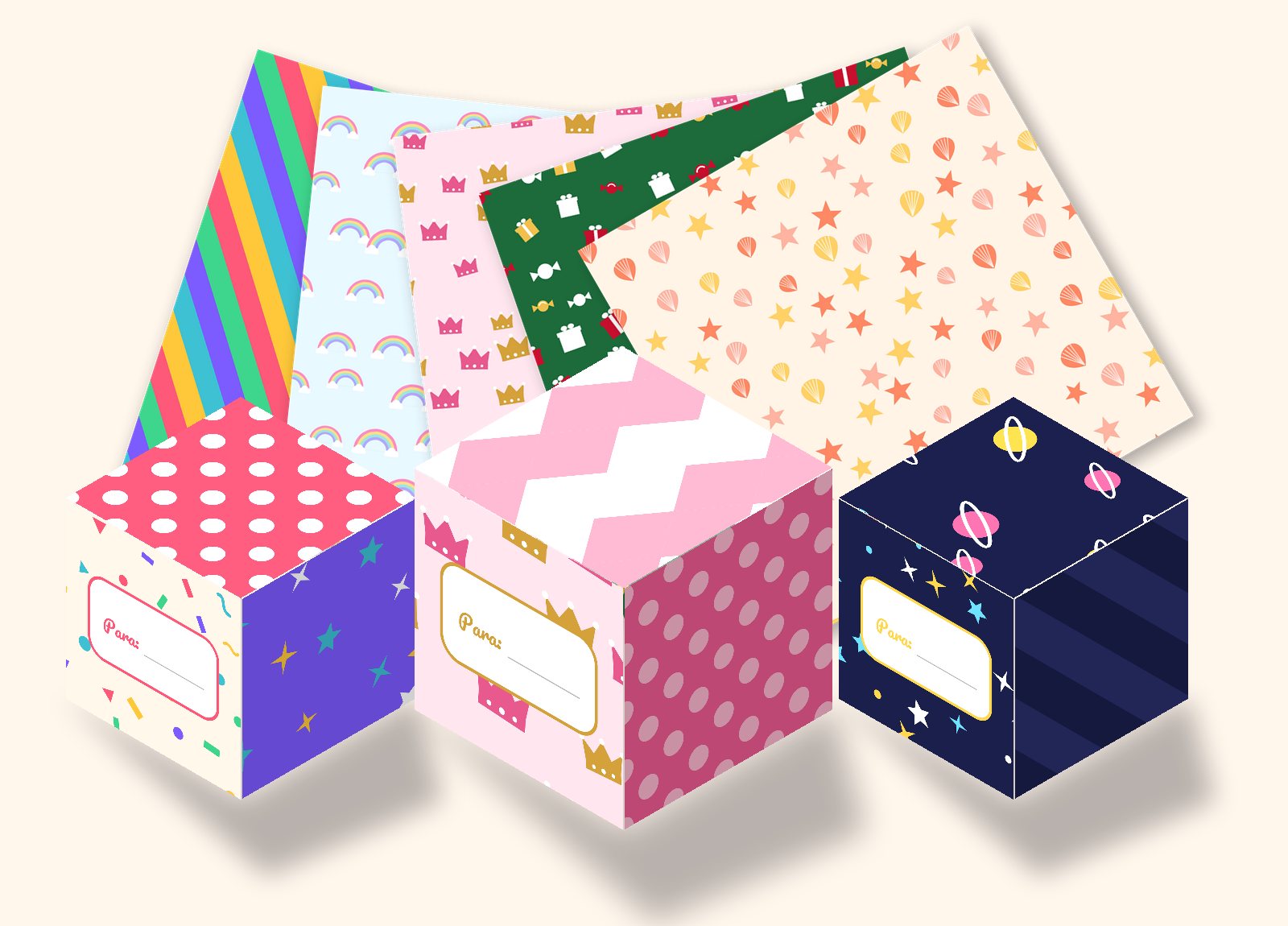 Cajitas cubo decoradas y papeles digitales del kit